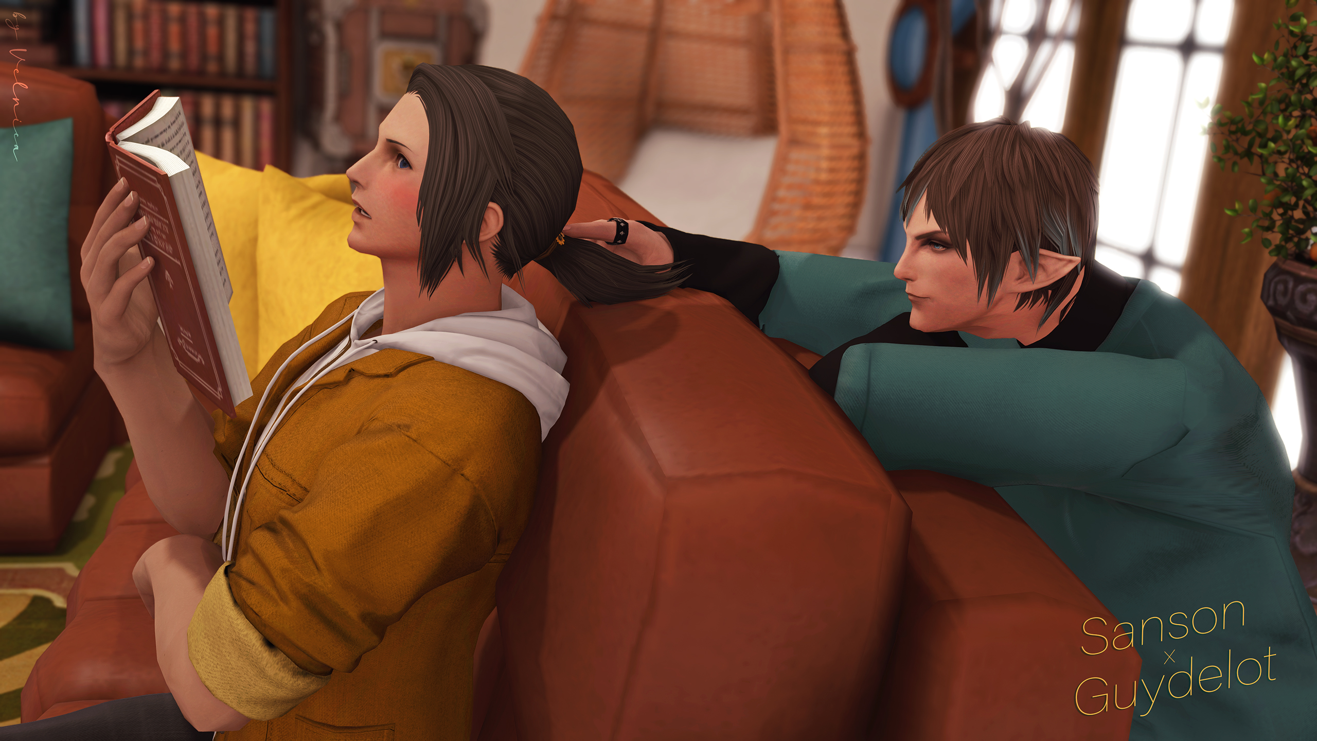 Sanson, who is reading a novel on the sofa is interrupted by Guydelot, who's playing with Sanson's sunflower hair tie. There's a pink blush on Sanson's cheeks as he's taken by surprise. Guydelot looks pleased as punch, for the hair tie was his Starlight gift to Sanson.