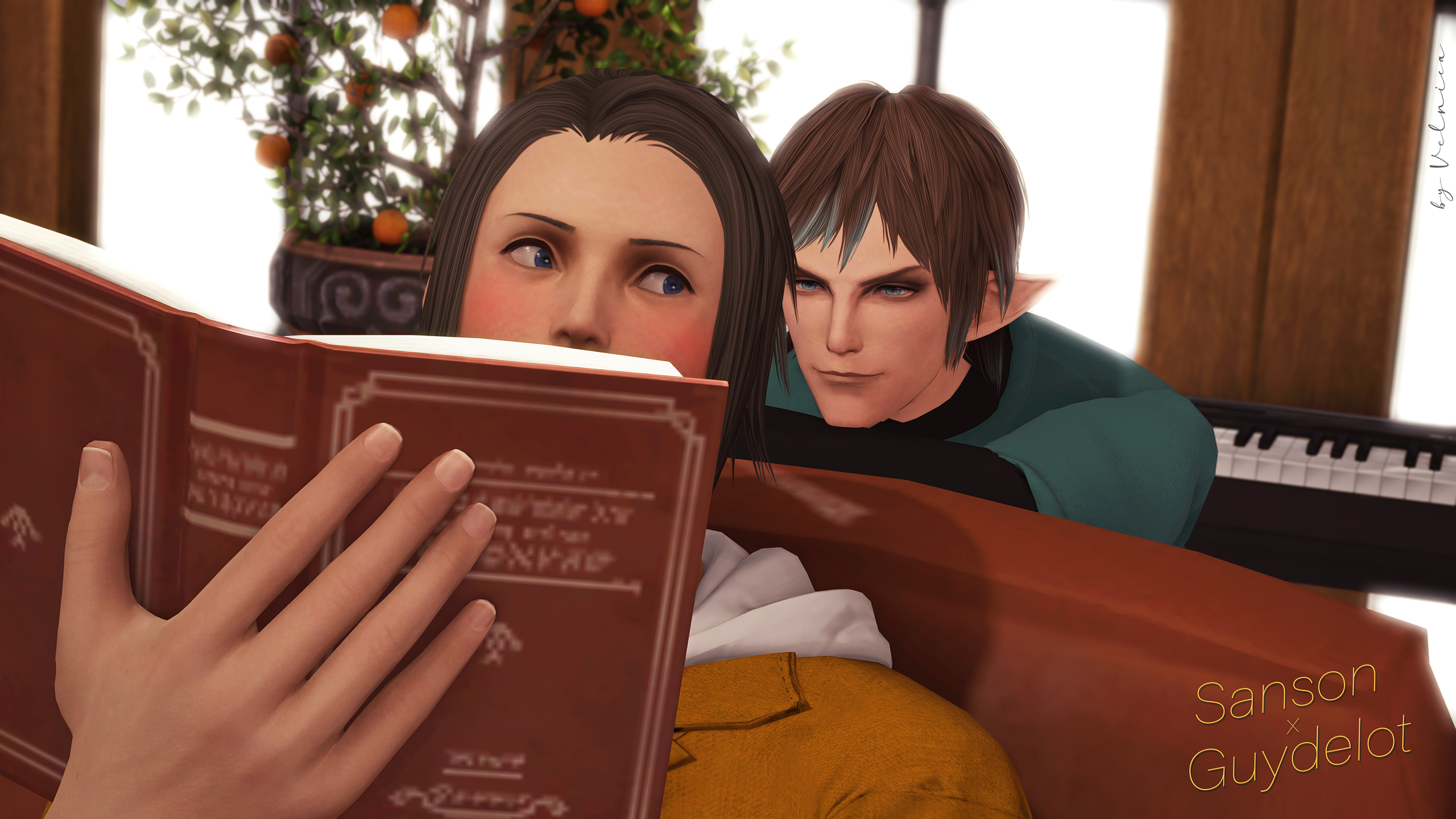 Sanson, who is reading a novel on the sofa is interrupted by Guydelot, who's playing with Sanson's sunflower hair tie. There's a pink blush on Sanson's cheeks as he's taken by surprise. Guydelot looks pleased as punch, for the hair tie was his Starlight gift to Sanson.