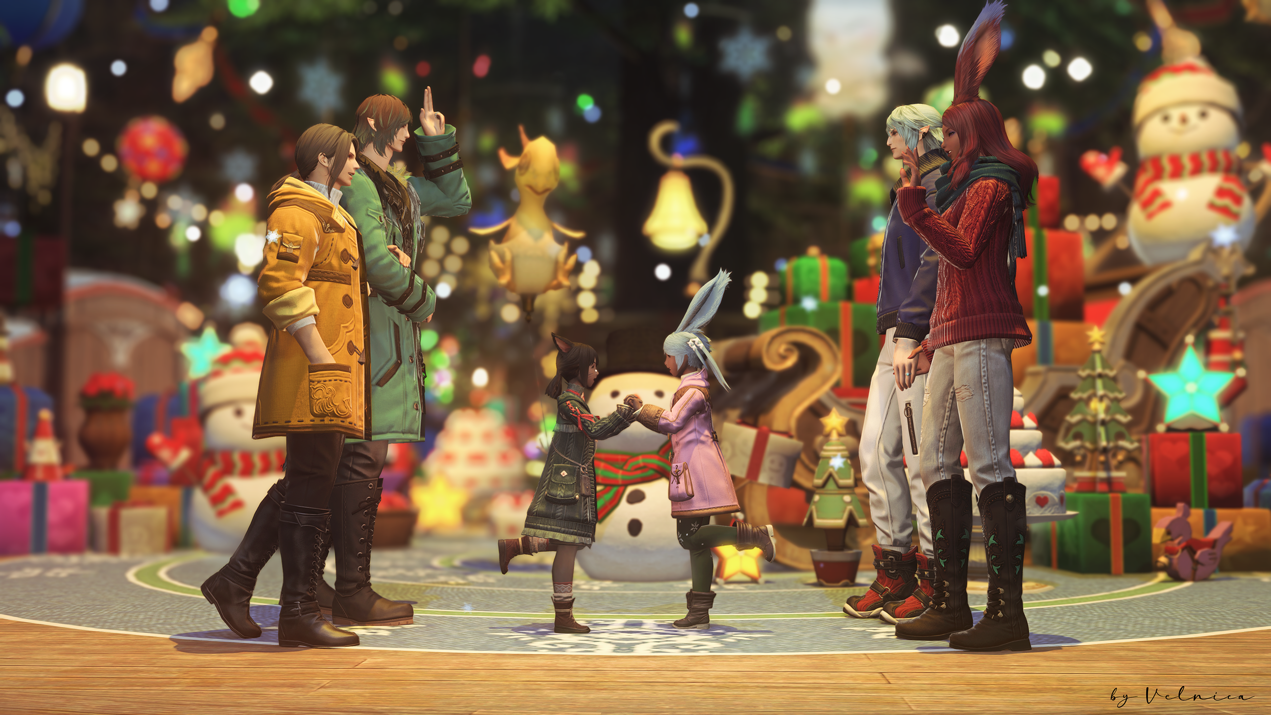 Rehlii and Ylinna are clasping their hands together in front of the giant Starlight Tree and decorations at the Gridania Starlight Market. Behind them are their respective parents, waving at each other with a smile on their faces. They are wearing modern day winter outfits.