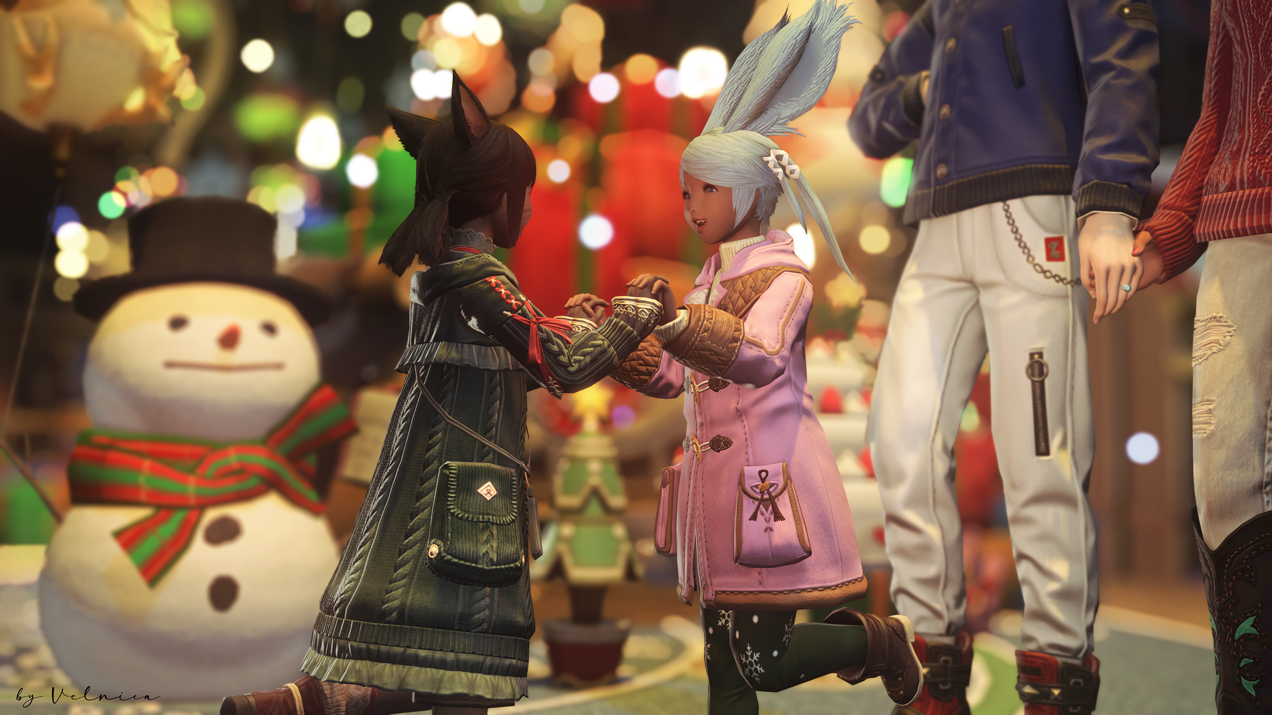 Ylinna and Rehlii clasping hands and doing a merry jig in front of the giant Starlight tree and decorations. They are grinning at each other. Shot from behind Rehlii to show Ylinna's expression.