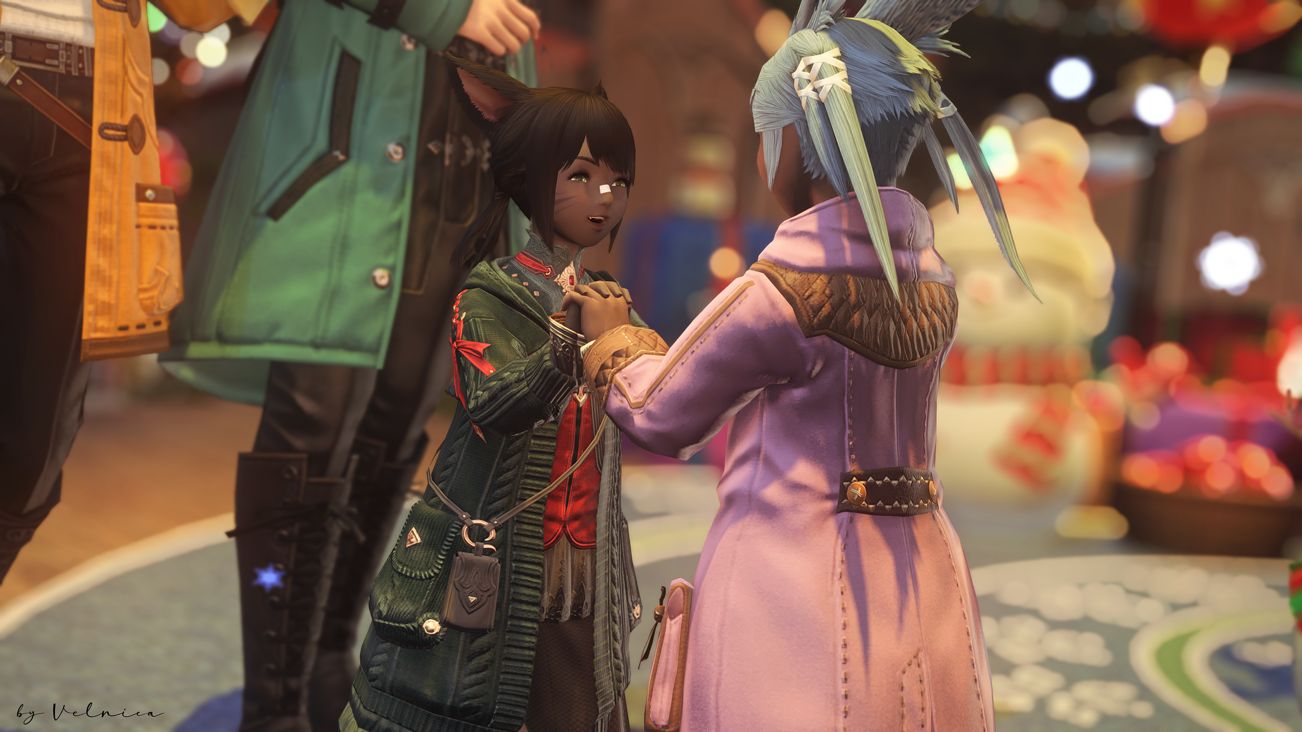 Ylinna and Rehlii clasping hands and doing a merry jig in front of the giant Starlight tree and decorations. They are grinning at each other. Shot from behind Ylinna to show Rehlii's expression.