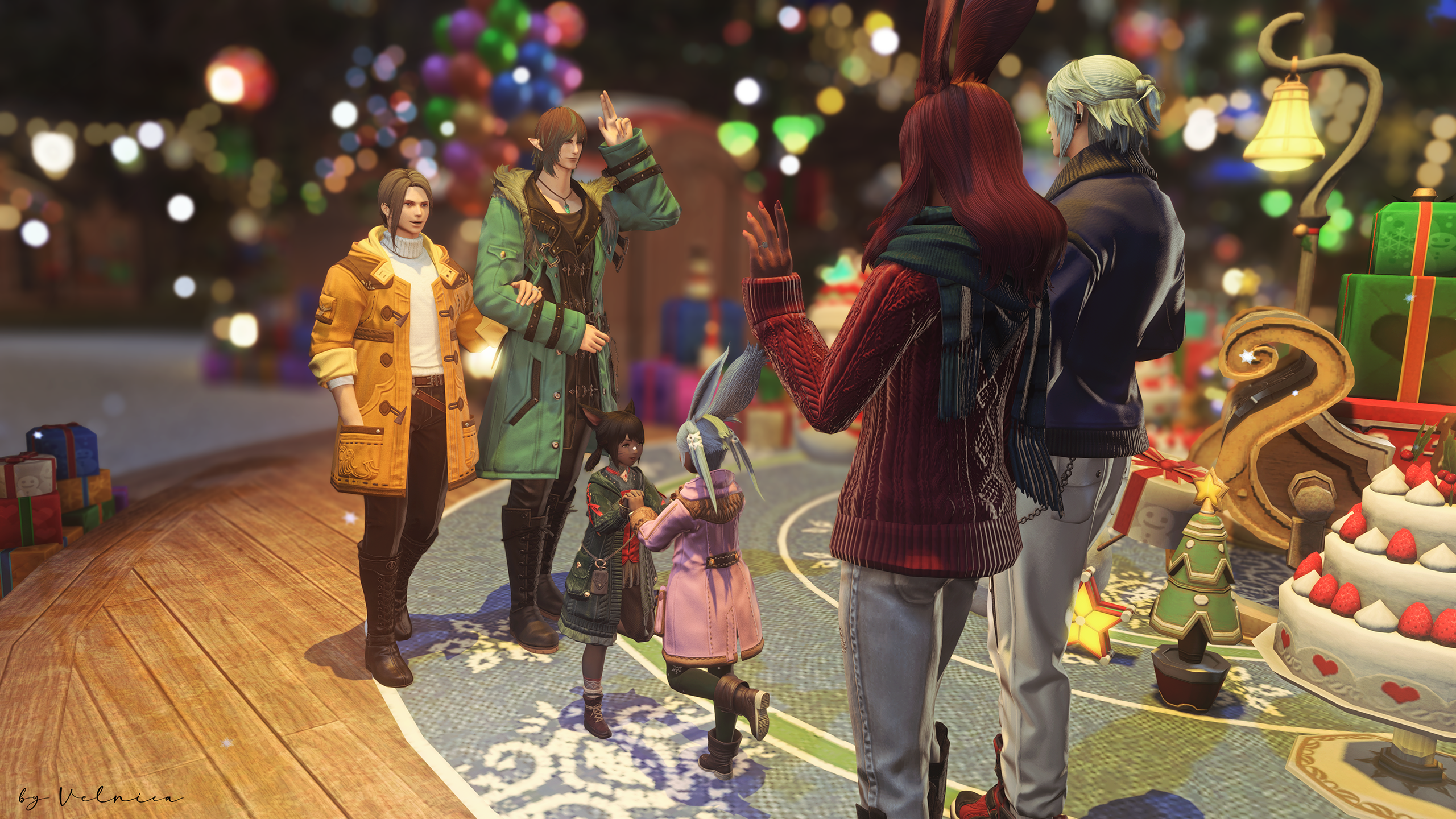 Rehlii and Ylinna are clasping their hands together in front of the giant Starlight Tree and decorations at the Gridania Starlight Market. Behind them are their respective parents, waving at each other with a smile on their faces. They are wearing modern day winter outfits. Shot from behind Fjora and Haurchefant to show Sanson and Guydelot's expressions.