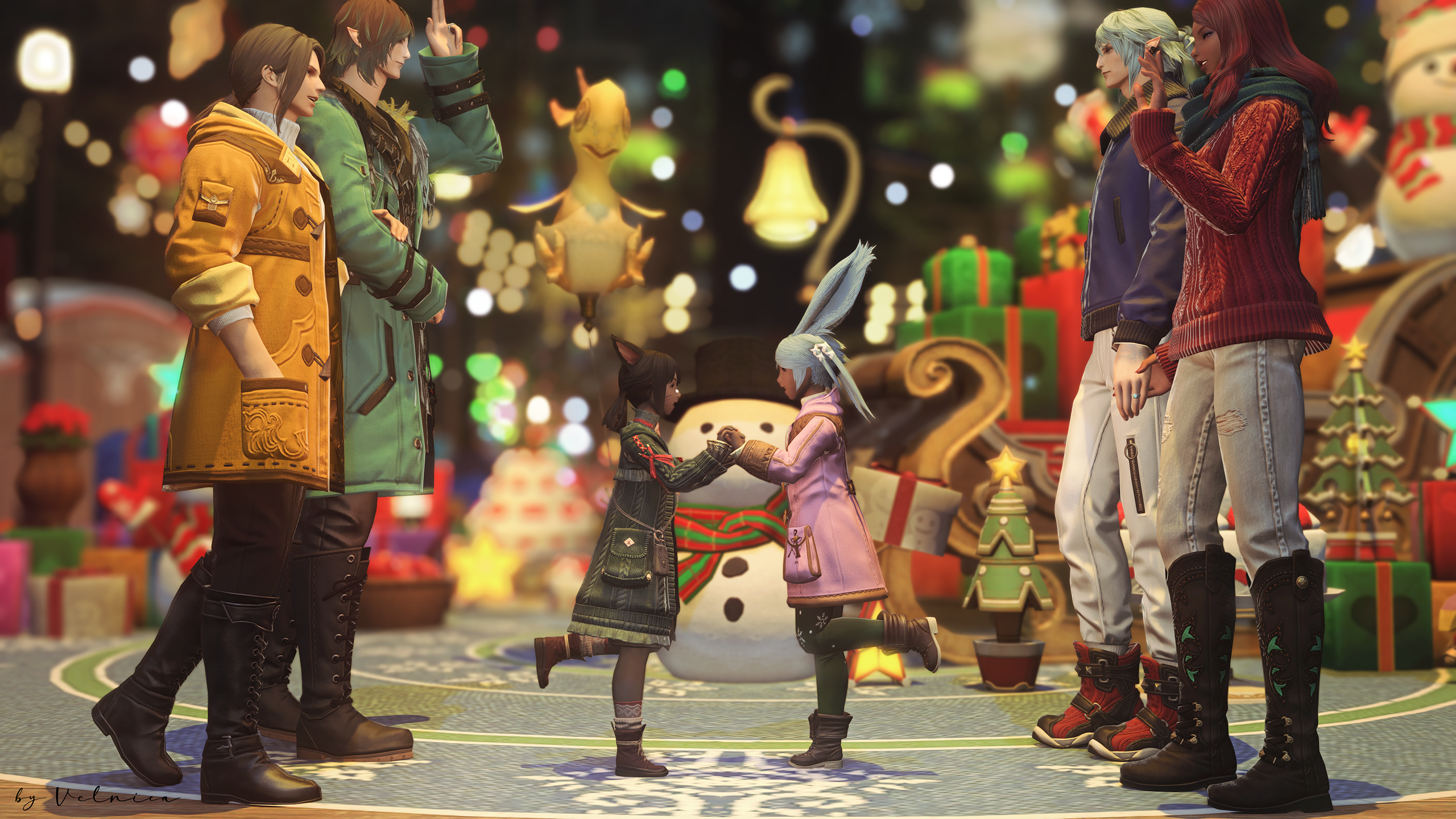 Rehlii and Ylinna are clasping their hands together in front of the giant Starlight Tree and decorations at the Gridania Starlight Market. Behind them are their respective parents, waving at each other with a smile on their faces. They are wearing modern day winter outfits.