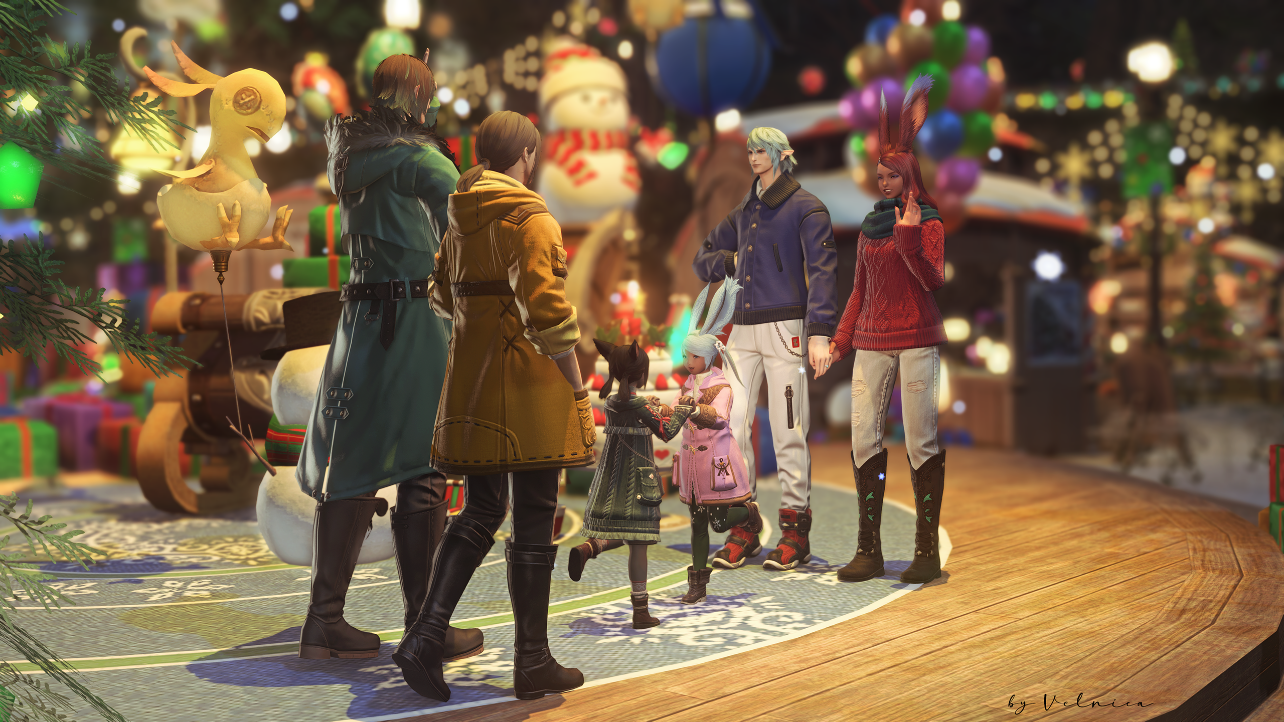 Rehlii and Ylinna are clasping their hands together in front of the giant Starlight Tree and decorations at the Gridania Starlight Market. Behind them are their respective parents, waving at each other with a smile on their faces. They are wearing modern day winter outfits. Shot from behind Sanson and Guydelot to show Fjora and Haurchefant's expressions.